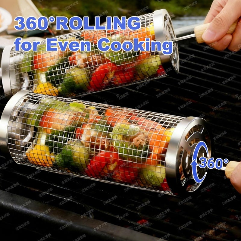 Bmavysa Rolling Grill Basket 2-Pack, Premium 304 Stainless Steel, Removable Wooden Handles, Upgrade Rolling Grill Baskets for Outdoor Grill, BBQ Grill Accessories for Camping/Backyard Cooking, Ideal Gift for Dad/Husband - Image 3